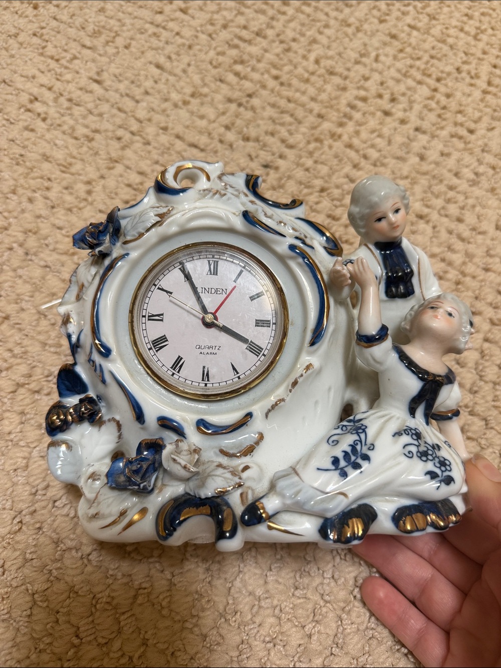 Linden White Porcelain Mantel Clock with Blue and Gold Accents